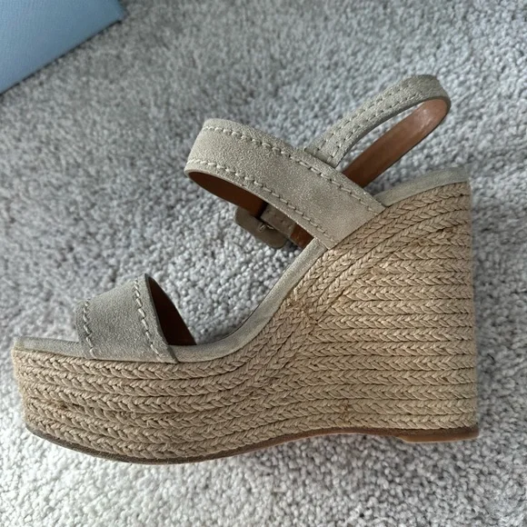 Prada Nude Suede Jute 4 inch Wedge Peep Toe Sandal 35.5 /  5.5 US $850 - Picture 9 of 14